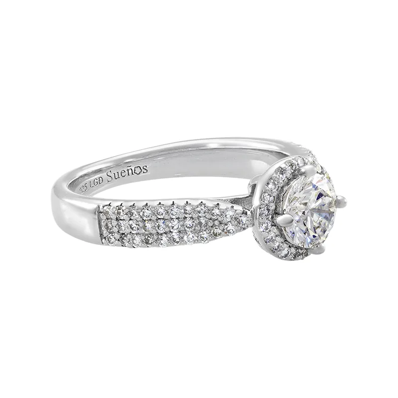 Anillo de compromiso halo redondo, con diamante de laboratorio central redondo de 0.50Ct y decoración en diamantes de laboratorio, en plata ley 925, rodinado - Colección Sueños