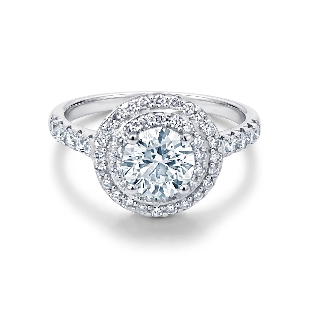 Anillo de compromiso halo doble, con diamante de laboratorio central redondo de 1.00Ct y decoración en diamantes de laboratorio, en plata ley 925, rodinado - Colección Sueños