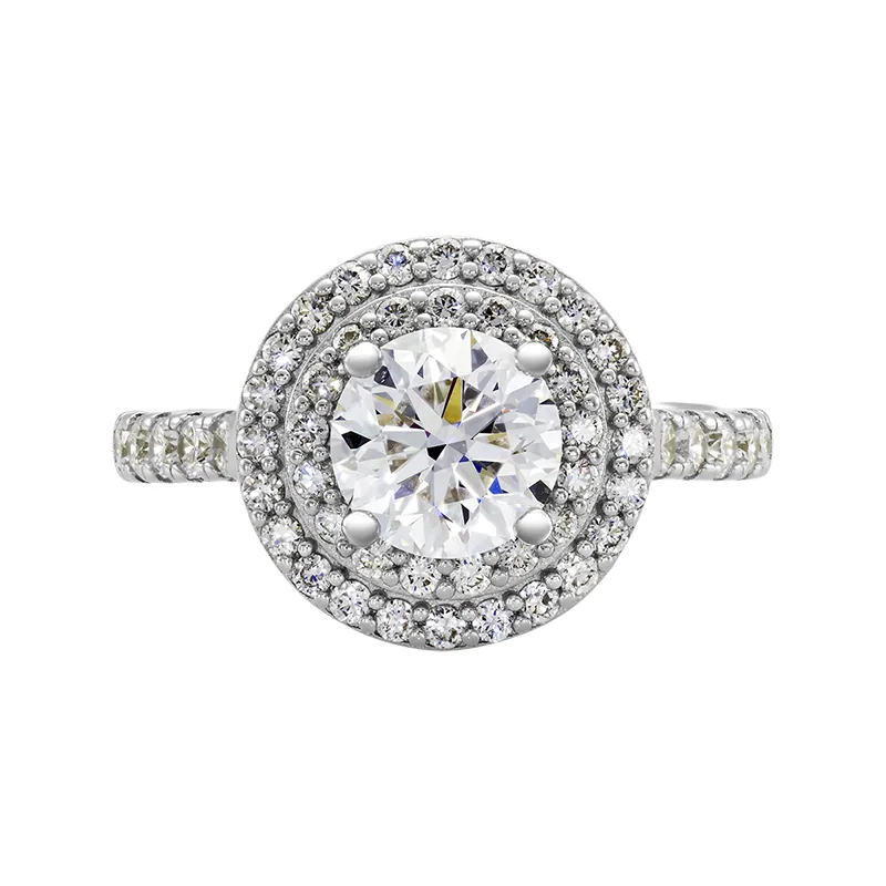 Anillo de compromiso halo doble, con diamante de laboratorio central redondo de 1.00Ct y decoración en diamantes de laboratorio, en plata ley 925, rodinado - Colección Sueños