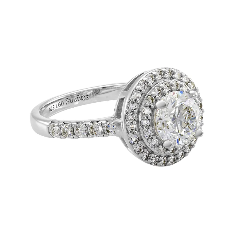 Anillo de compromiso halo doble, con diamante de laboratorio central redondo de 1.00Ct y decoración en diamantes de laboratorio, en plata ley 925, rodinado - Colección Sueños