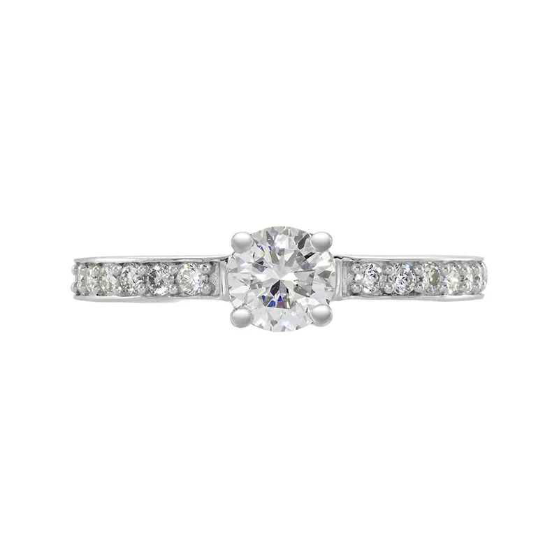 Anillo de compromiso con diamante de laboratorio central redondo y decoración en diamantes de laboratorio, en plata ley 925, rodinado - Colección Sueños