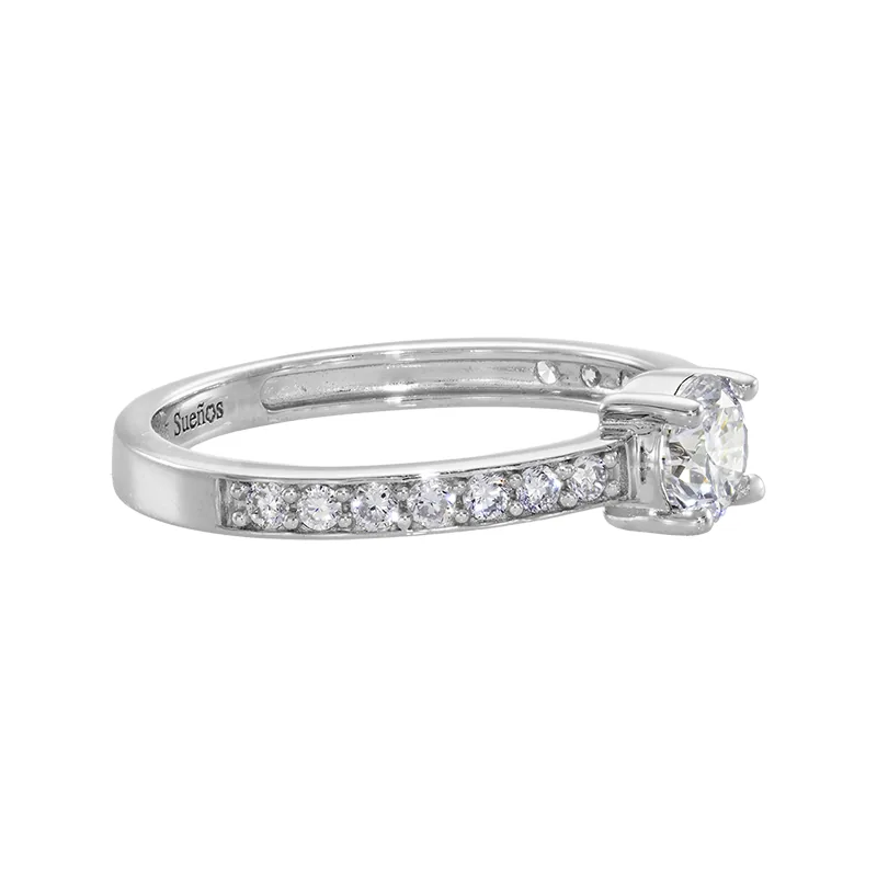 Anillo de compromiso con diamante de laboratorio central redondo y decoración en diamantes de laboratorio, en plata ley 925, rodinado - Colección Sueños