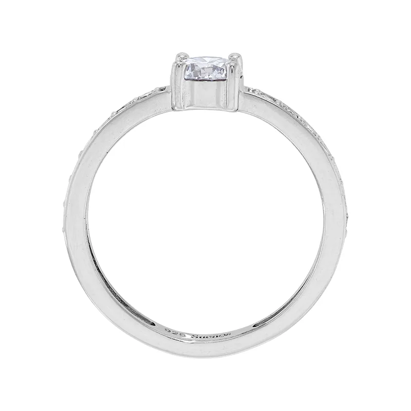 Anillo de compromiso con diamante de laboratorio central redondo y decoración en diamantes de laboratorio, en plata ley 925, rodinado - Colección Sueños