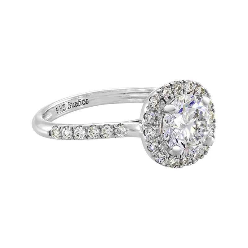 Anillo de compromiso halo redondo, con diamante de laboratorio central redondo y decoración en diamantes de laboratorio, en plata ley 925, rodinado - Colección Sueños