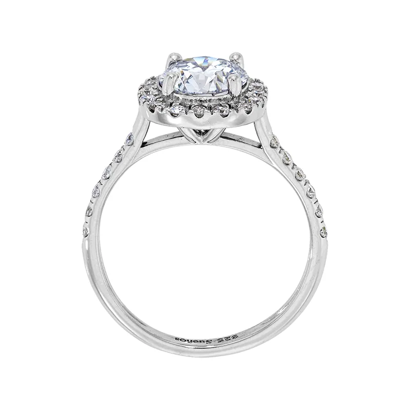 Anillo de compromiso halo redondo, con diamante de laboratorio central redondo y decoración en diamantes de laboratorio, en plata ley 925, rodinado - Colección Sueños