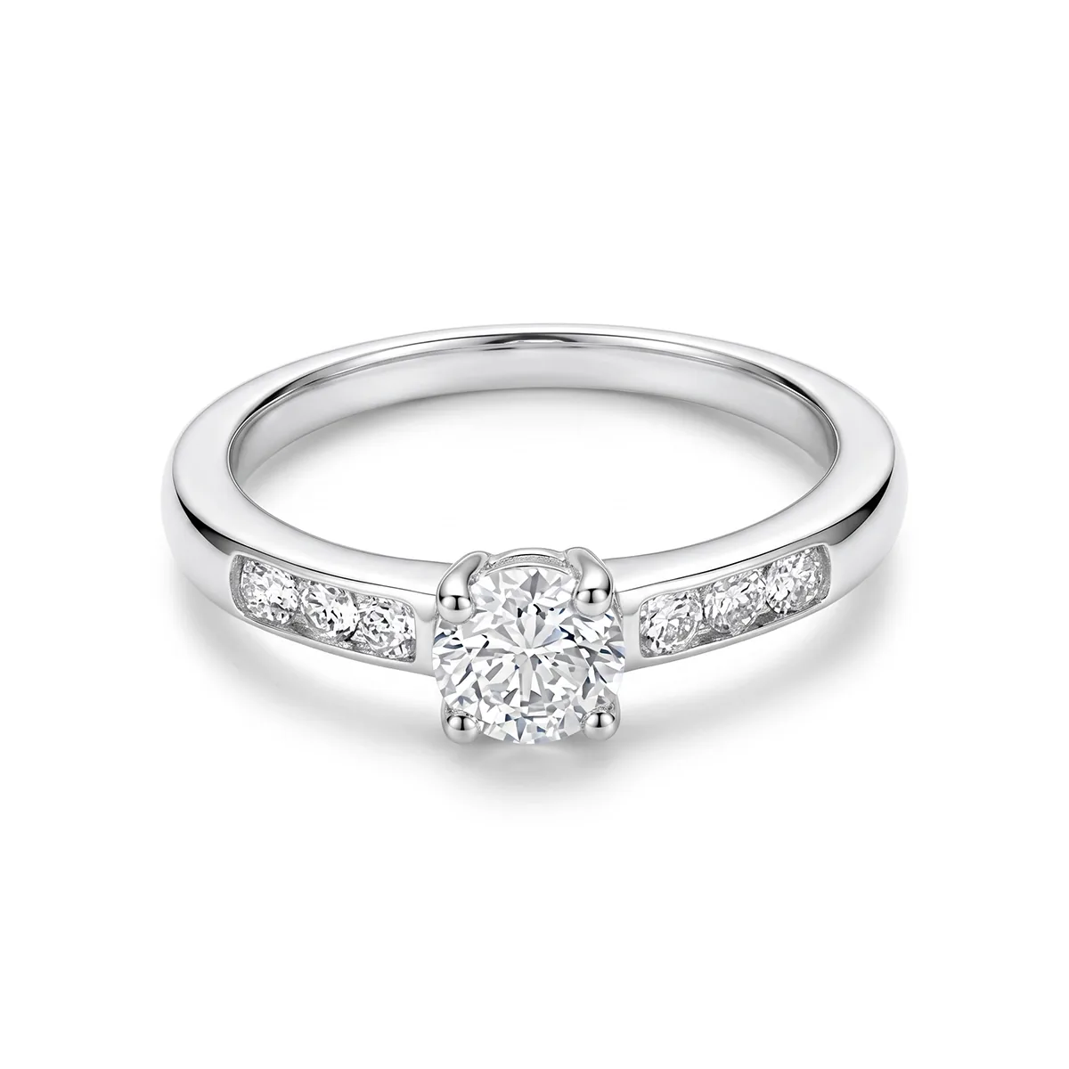 Anillo de compromiso con diamante de laboratorio central redondo y decoración en diamantes de laboratorio, en plata ley 925, rodinado - Colección Sueños