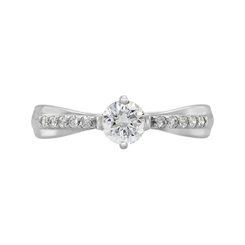 Anillo de compromiso con diamante de laboratorio central redondo y decoración en diamantes de laboratorio, en plata ley 925, rodinado, liso - Colección Sueños