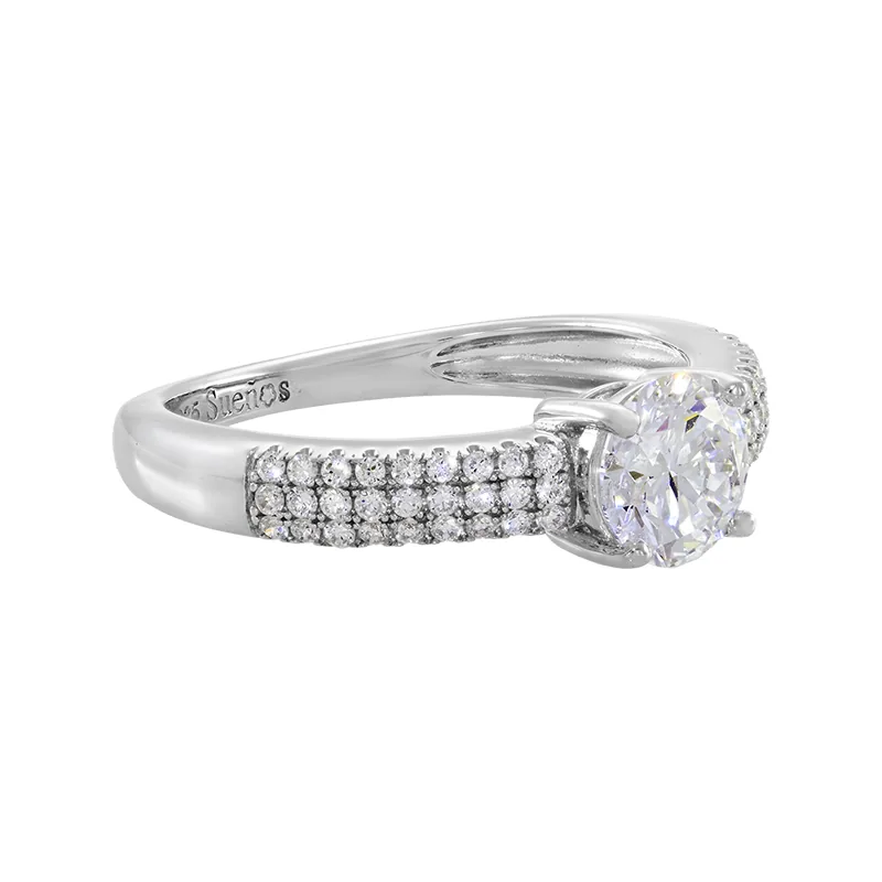Anillo de compromiso con diamante de laboratorio central redondo y decoración en diamantes de laboratorio, en plata ley 925, rodinado - Colección Sueños