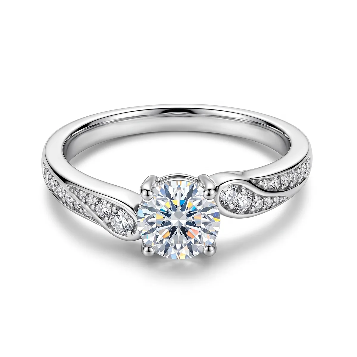Anillo de compromiso con diamante de laboratorio central redondo de 0.50Ct y decoración en diamantes de laboratorio, en plata ley 925, rodinado - Colección Sueños