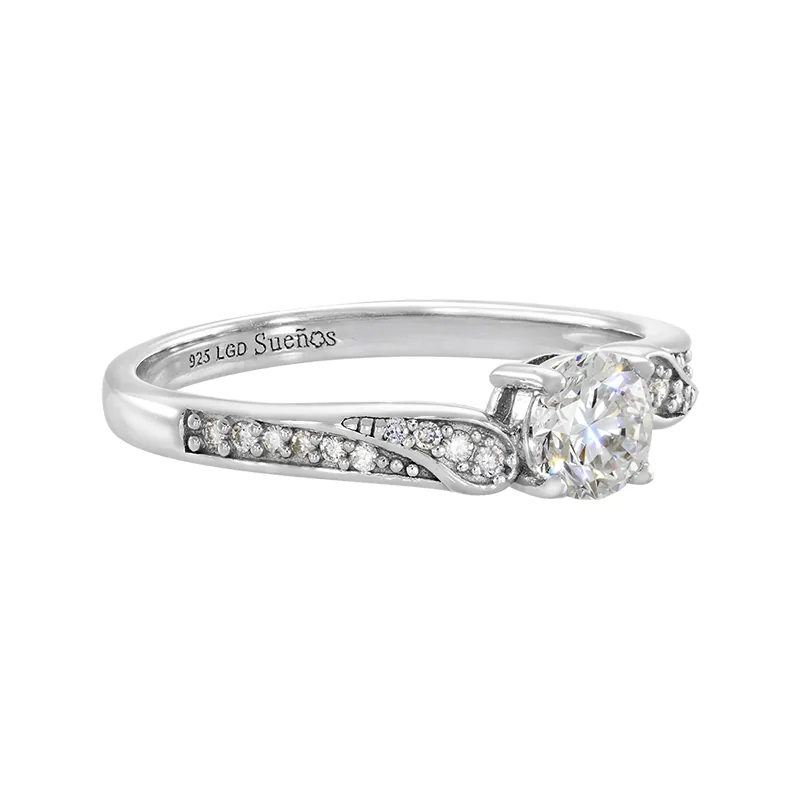 Anillo de compromiso con diamante de laboratorio central redondo de 0.50Ct y decoración en diamantes de laboratorio, en plata ley 925, rodinado - Colección Sueños