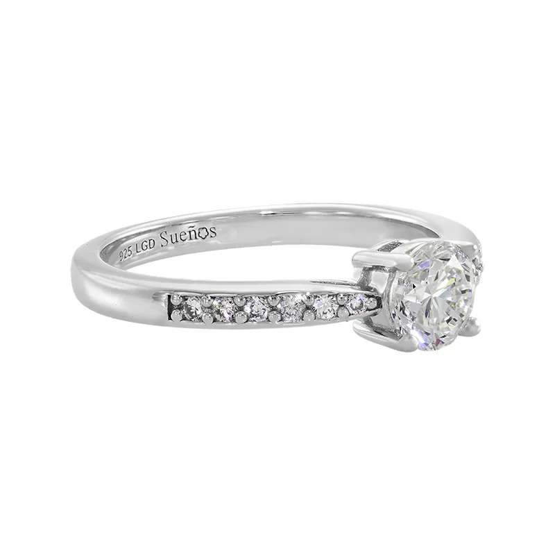 Anillo de compromiso con diamante de laboratorio central redondo de 0.50Ct y decoración en diamantes de laboratorio, en plata ley 925, rodinado - Colección Sueños