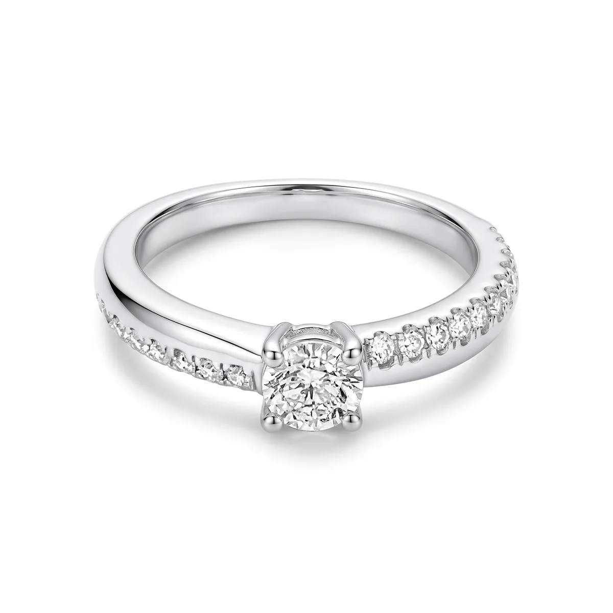 Anillo de compromiso con diamante de laboratorio central redondo y decoración en diamantes de laboratorio, en plata ley 925, rodinado, liso - Colección Sueños