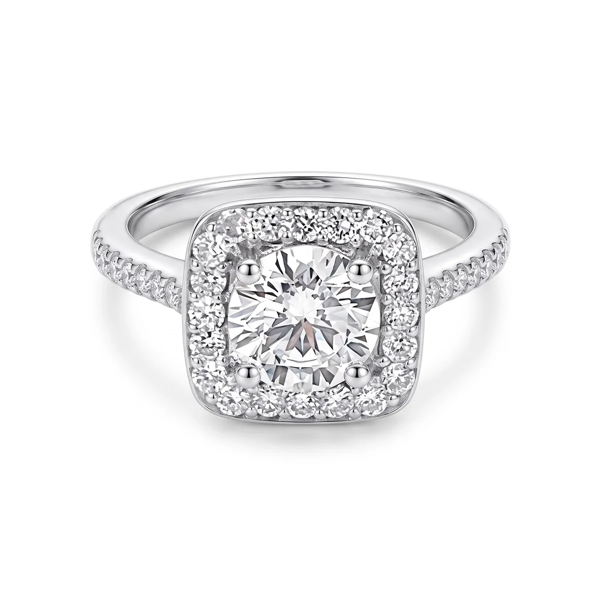 Anillo de compromiso halo cuadrado, con diamante de laboratorio central redondo y decoración en diamantes de laboratorio, en plata ley 925, rodinado - Colección Sueños