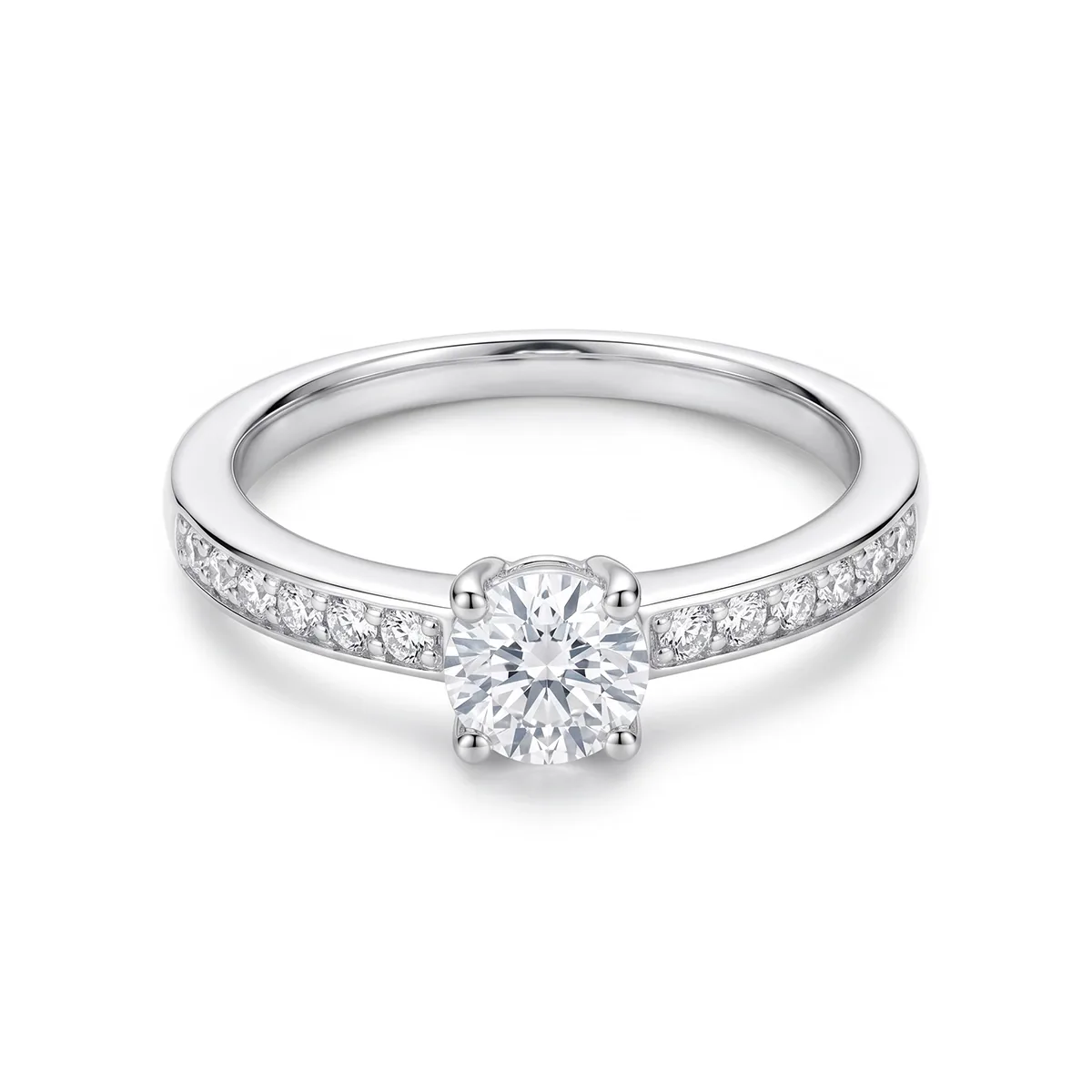 Anillo de compromiso con diamante de laboratorio central redondo de 0.30Ct y decoración en diamantes de laboratorio, en plata ley 925, rodinado - Colección Sueños