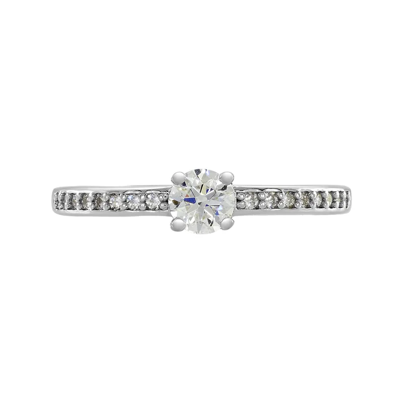 Anillo de compromiso con diamante de laboratorio central redondo de 0.30Ct y decoración en diamantes de laboratorio, en plata ley 925, rodinado - Colección Sueños