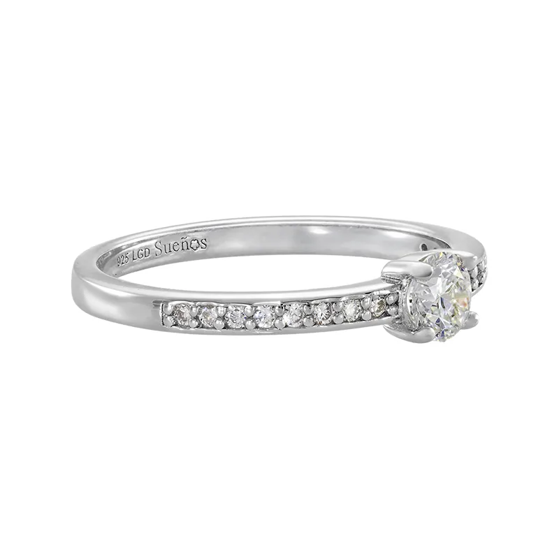 Anillo de compromiso con diamante de laboratorio central redondo de 0.30Ct y decoración en diamantes de laboratorio, en plata ley 925, rodinado - Colección Sueños