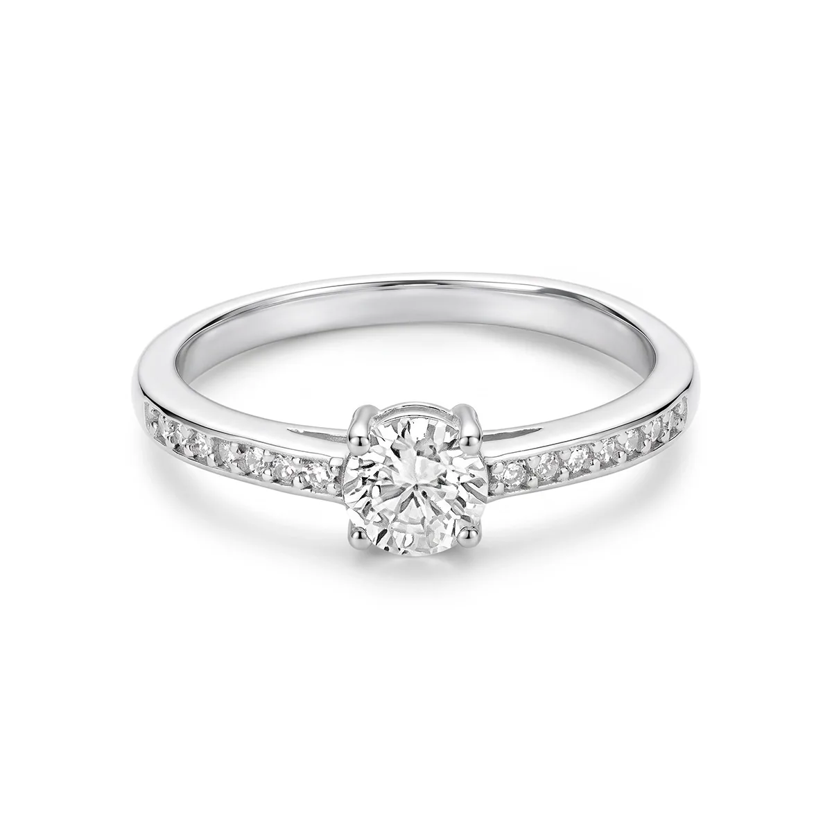 Anillo de compromiso con diamante de laboratorio central redondo de 0.50Ct y decoración en diamantes de laboratorio, en plata ley 925, rodinado - Colección Sueños