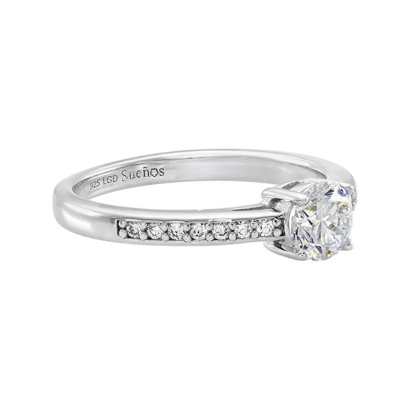 Anillo de compromiso con diamante de laboratorio central redondo de 0.50Ct y decoración en diamantes de laboratorio, en plata ley 925, rodinado - Colección Sueños