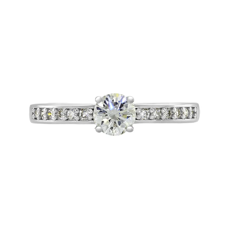 Anillo de compromiso con diamante de laboratorio central redondo de 0.50Ct y decoración en diamantes de laboratorio, en plata ley 925, rodinado - Colección Sueños