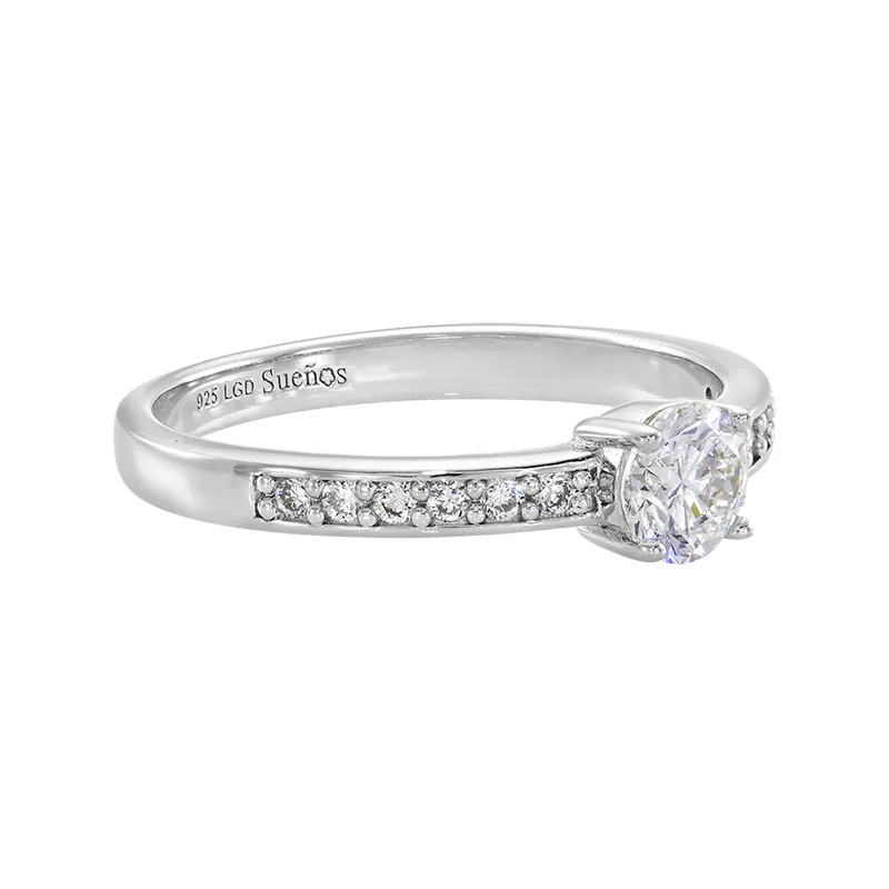 Anillo de compromiso con diamante de laboratorio central redondo de 0.50Ct y decoración en diamantes de laboratorio, en plata ley 925, rodinado - Colección Sueños