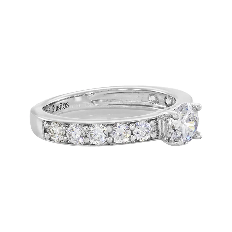 Anillo de compromiso con diamante de laboratorio central redondo y decoración en diamantes de laboratorio, en plata ley 925, rodinado - Colección Sueños