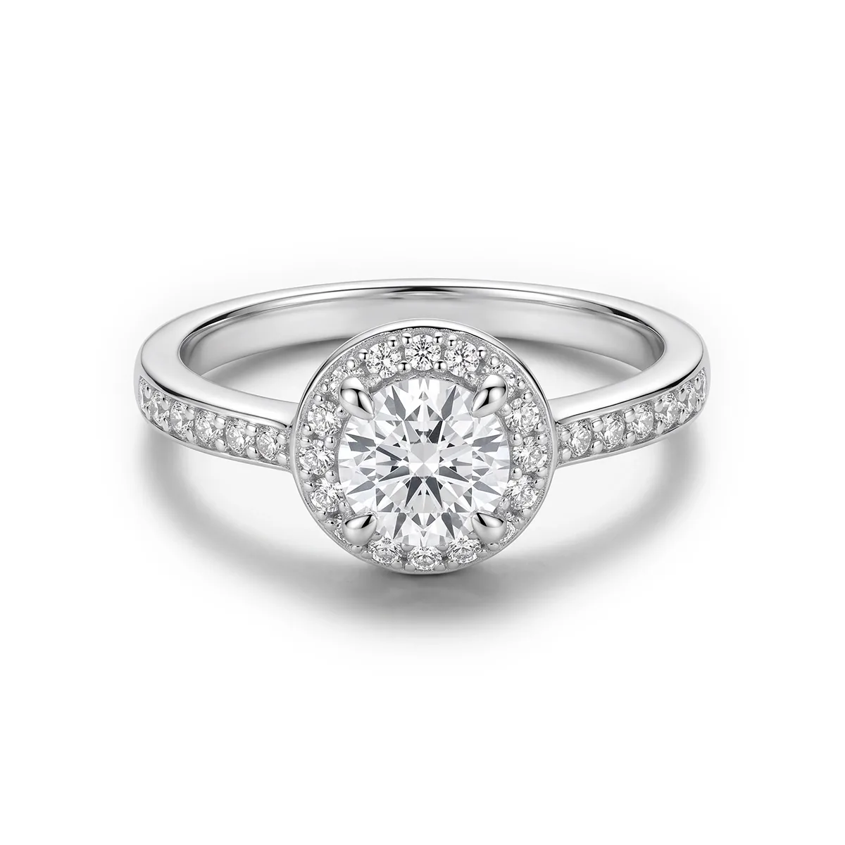 Anillo de compromiso halo redondo, con diamante de laboratorio central redondo de 0.50Ct y decoración en diamantes de laboratorio, en plata ley 925, rodinado - Colección Sueños