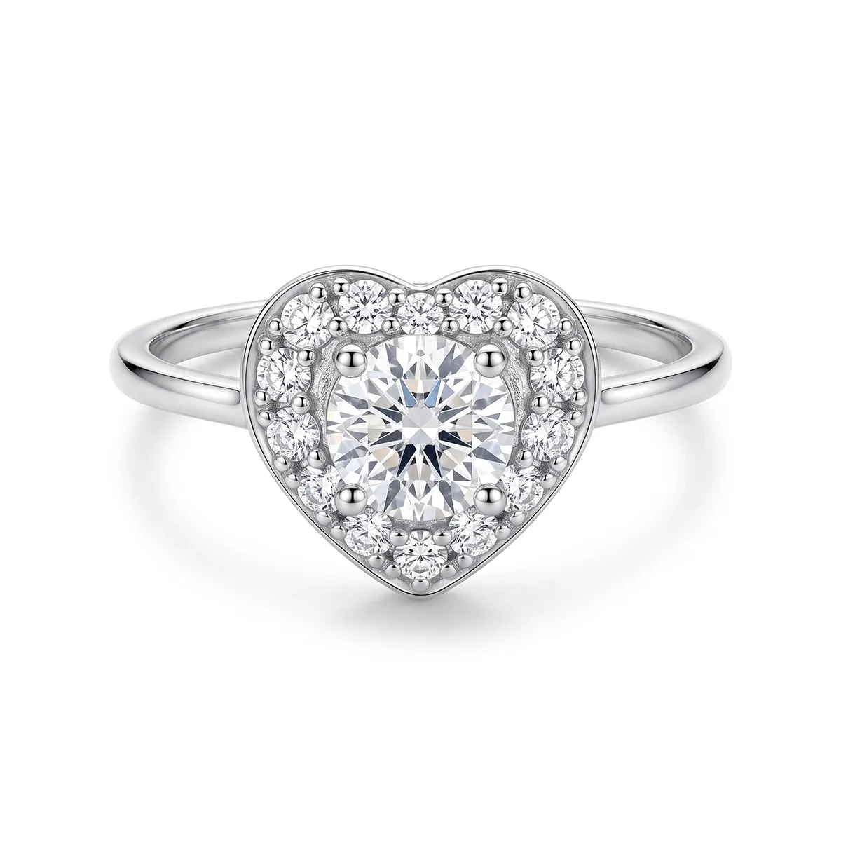 Anillo de compromiso halo corazón, con diamante de laboratorio central redondo de 0.50Ct y decoración en diamantes de laboratorio, en plata ley 925, rodinado - Colección Sueños