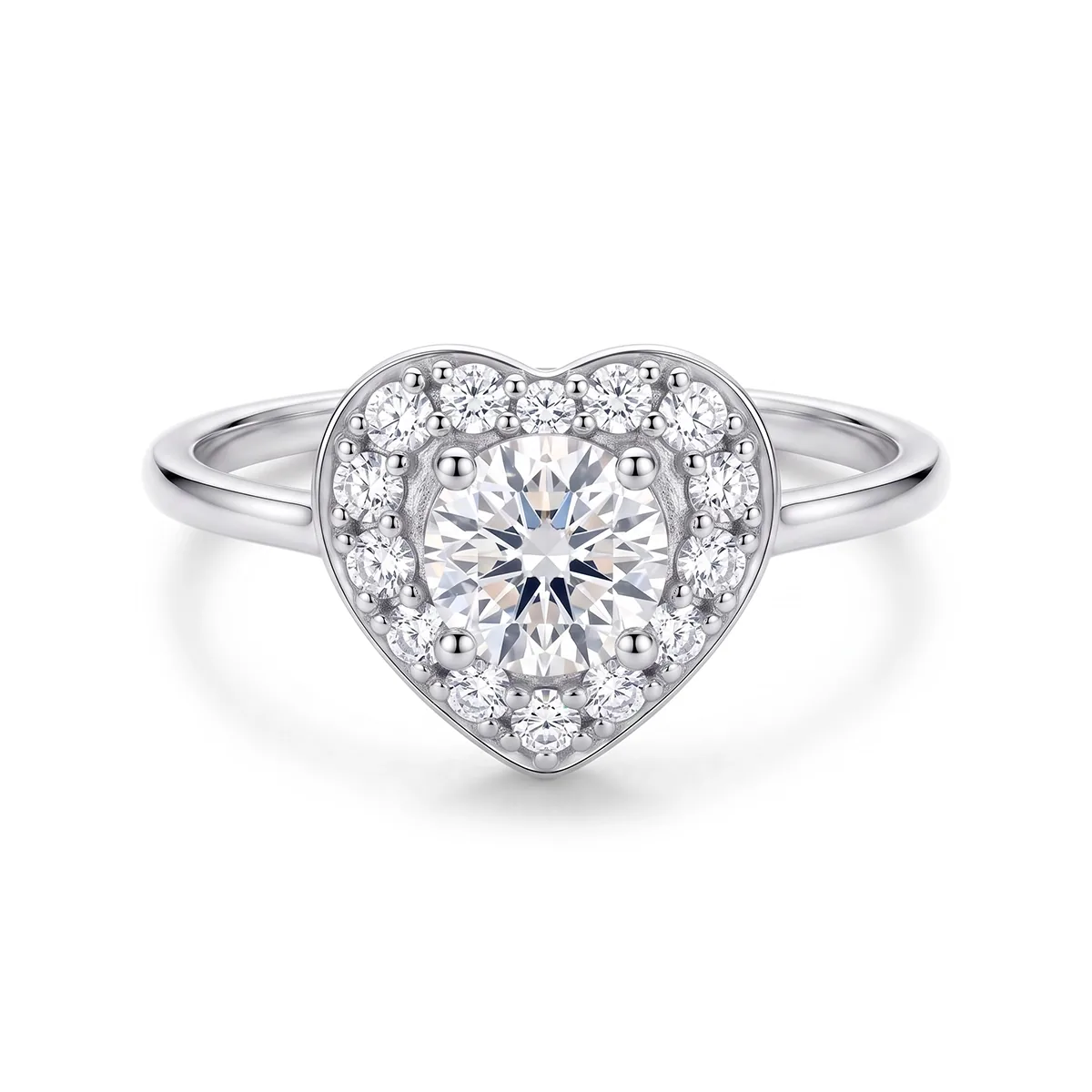 Anillo de compromiso halo corazón, con diamante de laboratorio central redondo de 1.00Ct y decoración en diamantes de laboratorio, en plata ley 925, rodinado - Colección Sueños