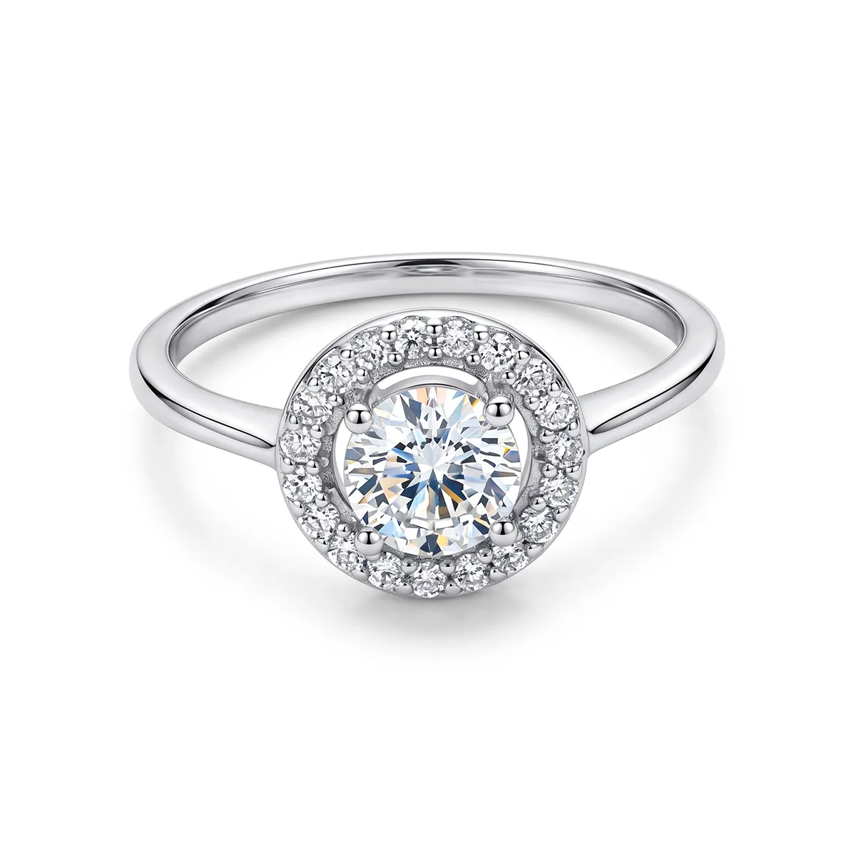 Anillo de compromiso halo redondo, con diamante de laboratorio central redondo de 0.50Ct y decoración en diamantes de laboratorio, en plata ley 925, rodinado - Colección Sueños