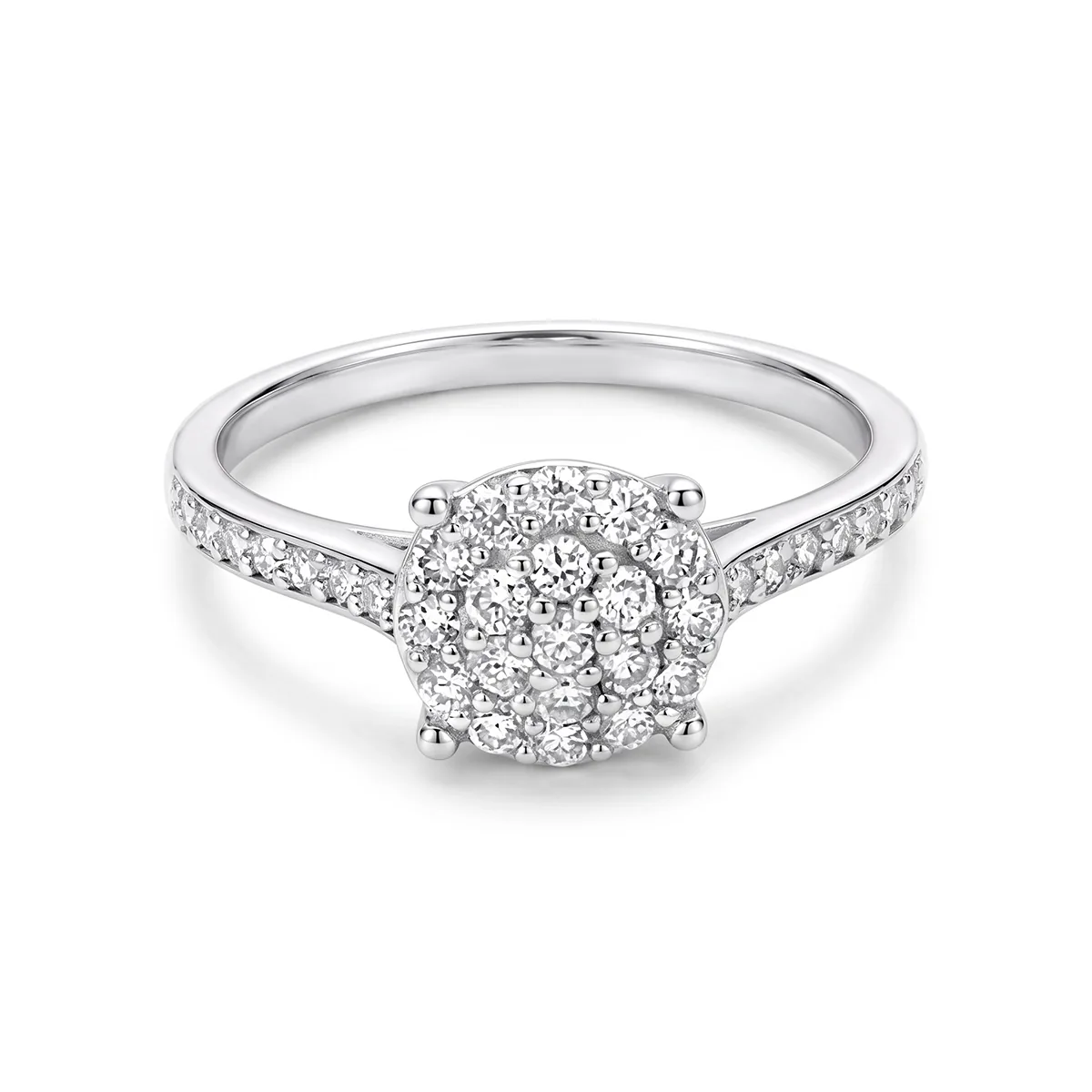 Anillo de compromiso halo redondo, con diamante de laboratorio con un peso total de 0.35Ct, en plata ley 925, rodinado - Colección Sueños