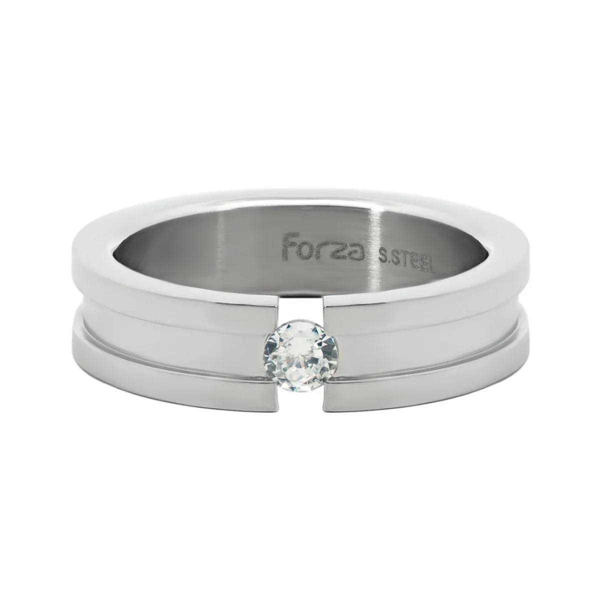 Argolla en acero, Plana, con cristal central, 6 mm. de ancho, de la coleccion Forza