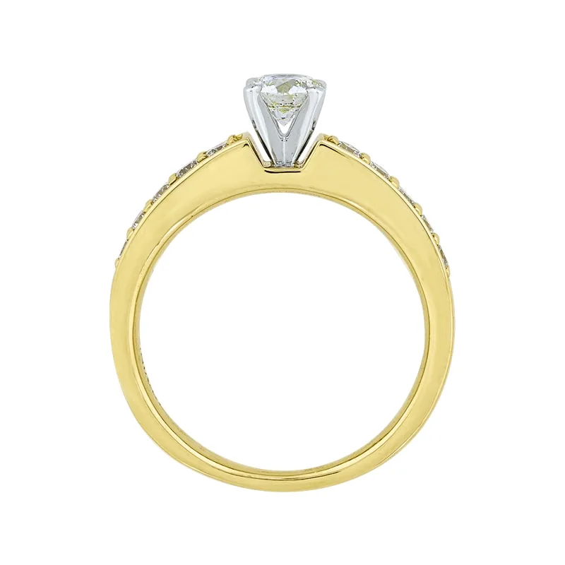 Anillo de compromiso con diamante central redondo GIA de 0.34ct y decoración en diamantes, oro 2 tonos 18k, rodinado