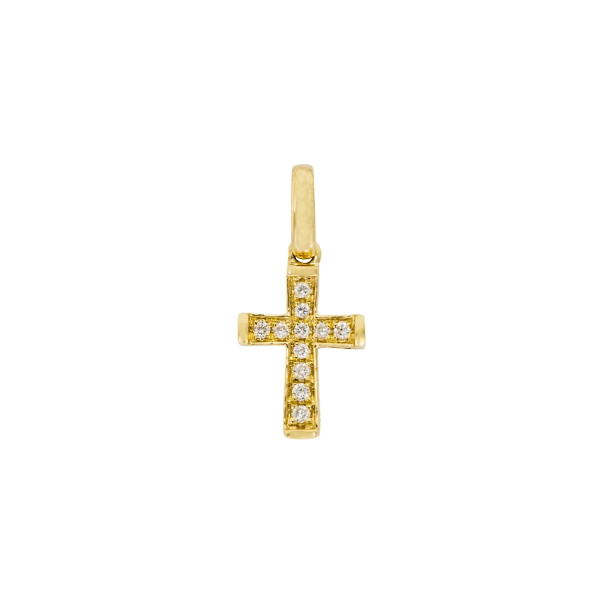 Cruz plana en oro amarillo de 18 Kilates, con diamantes de 0.05 Ct