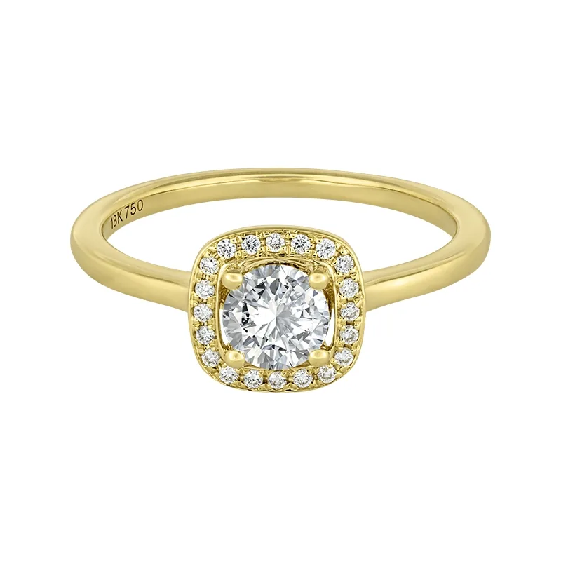Anillo de compromiso halo cuadrado, con diamante central redondo GIA de 0.50ct y decoración en diamantes, oro tono amarillo 18k