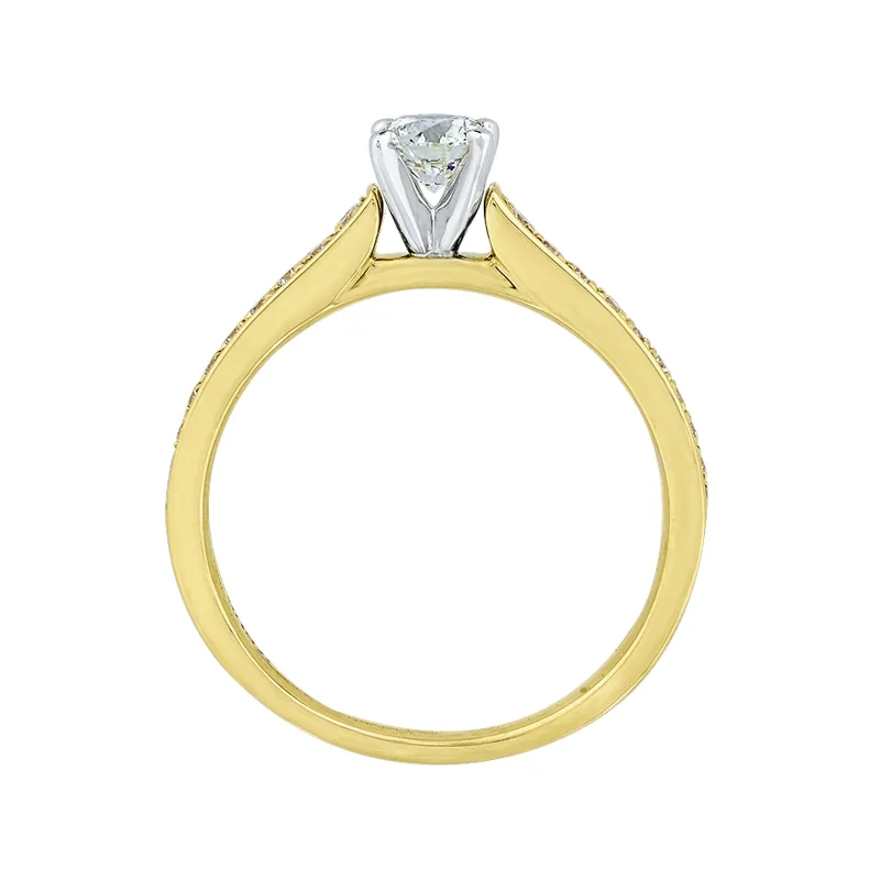 Anillo de compromiso con diamante central redondo GIA de 0.33ct y decoración en diamantes, oro 2 tonos 18k, rodinado