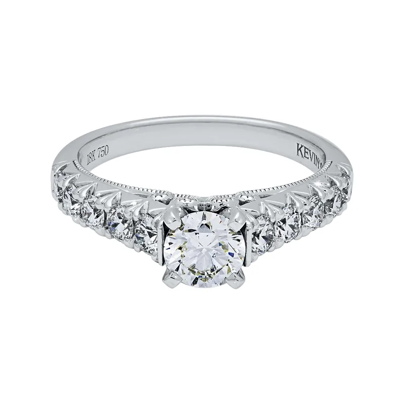 Anillo de compromiso con diamante central redondo GIA de 0.50ct y decoración en diamantes, oro tono blanco 18k, rodinado