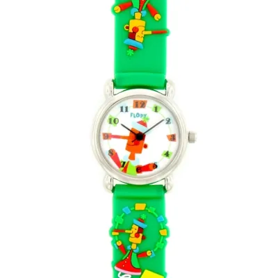Reloj Flopy analogo, para Niño(a), tablero redondo color blanco, estilo arabigos, pulso silicona color verde