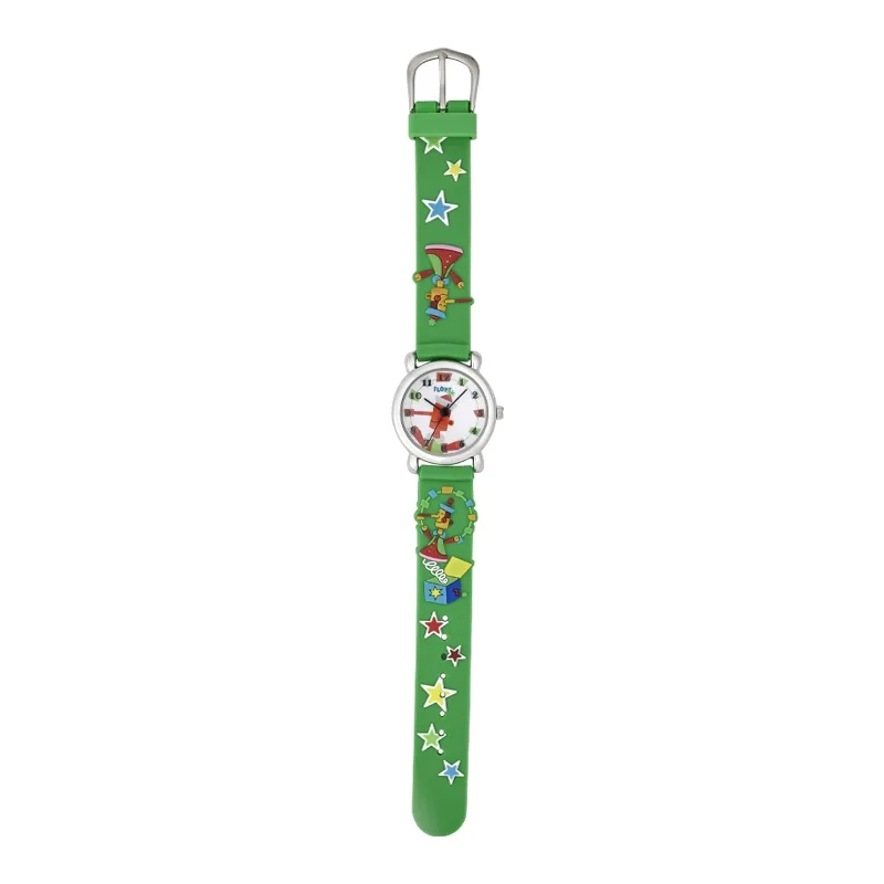 Reloj Flopy analogo, para Niño(a), tablero redondo color blanco, estilo arabigos, pulso silicona color verde