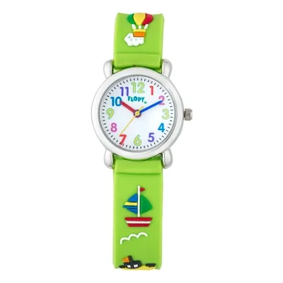 Reloj Flopy analogo, para Niño(a), tablero redondo color blanco, estilo arabigos, pulso silicona color verde