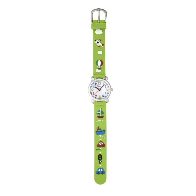 Reloj Flopy analogo, para Niño(a), tablero redondo color blanco, estilo arabigos, pulso silicona color verde