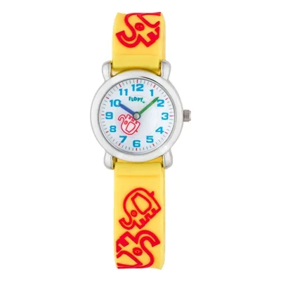 Reloj Flopy analogo, para Niño(a), tablero redondo color blanco, estilo arabigos, pulso plastico color amarillo