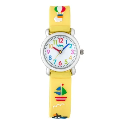 Reloj Flopy analogo, para Niño(a), tablero redondo color blanco, estilo arabigos, pulso plastico color amarillo
