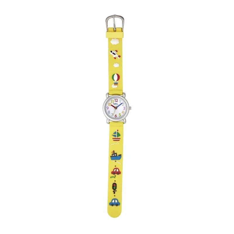 Reloj Flopy analogo, para Niño(a), tablero redondo color blanco, estilo arabigos, pulso plastico color amarillo
