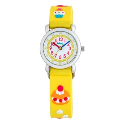 Reloj Flopy analogo, para Niño(a), tablero redondo color blanco, estilo arabigos, pulso plastico color amarillo