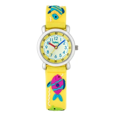 Reloj Flopy analogo, para Niño(a), tablero redondo color blanco, estilo arabigos, pulso plastico color amarillo
