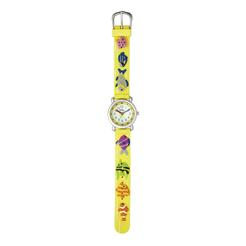 Reloj Flopy analogo, para Niño(a), tablero redondo color blanco, estilo arabigos, pulso plastico color amarillo
