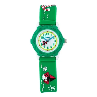 Reloj Flopy analogo, para Niño(a), tablero redondo color blanco, estilo arabigos, pulso silicona color verde