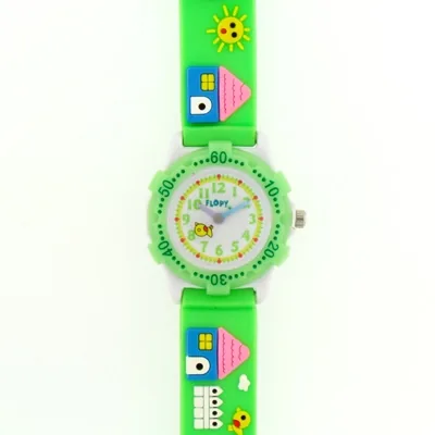 Reloj Flopy analogo, para Niño(a), tablero redondo color blanco, estilo arabigos, pulso silicona color verde
