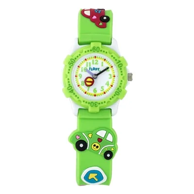 Reloj Flopy analogo, para Niño(a), tablero redondo color blanco, estilo arabigos, pulso silicona color verde
