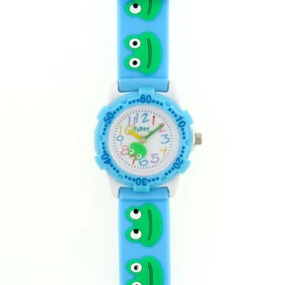 Reloj Flopy analogo, para Niño(a), tablero redondo color blanco, estilo arabigos, pulso silicona color azul